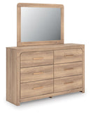 Kinlanni - 3 Pc. - Queen Upholstered Panel Bed With Roll Slats, Dresser And Mirror - Tan