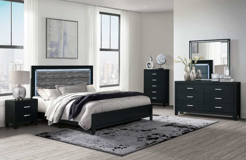 Reid - 5 Piece King Bedroom Set With LED (Bed, Dresser, Mirror, Chest, Nightstand) - Black