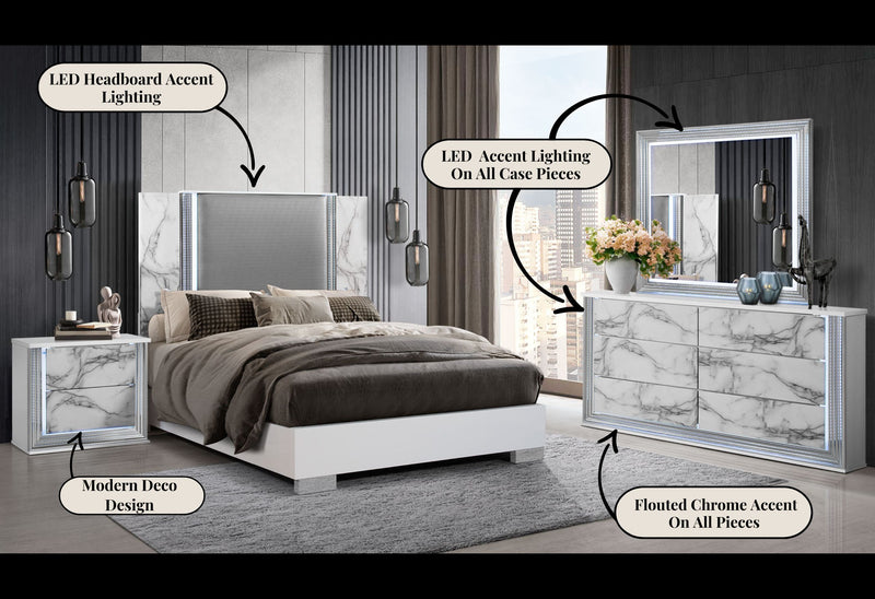 Ylime - 5 Piece Queen Bedroom Set (Bed, Dresser, Mirror, Chest, Nightstand) - White Marble