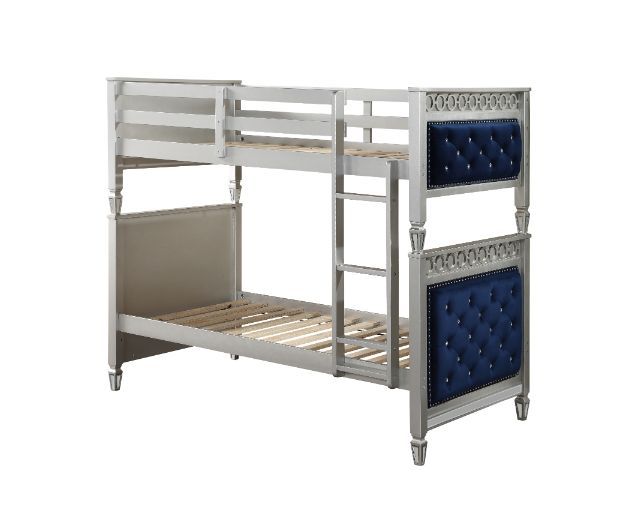 Varian - Twin Over Twin Bunk Bed - Blue Velvet & Silver Finish